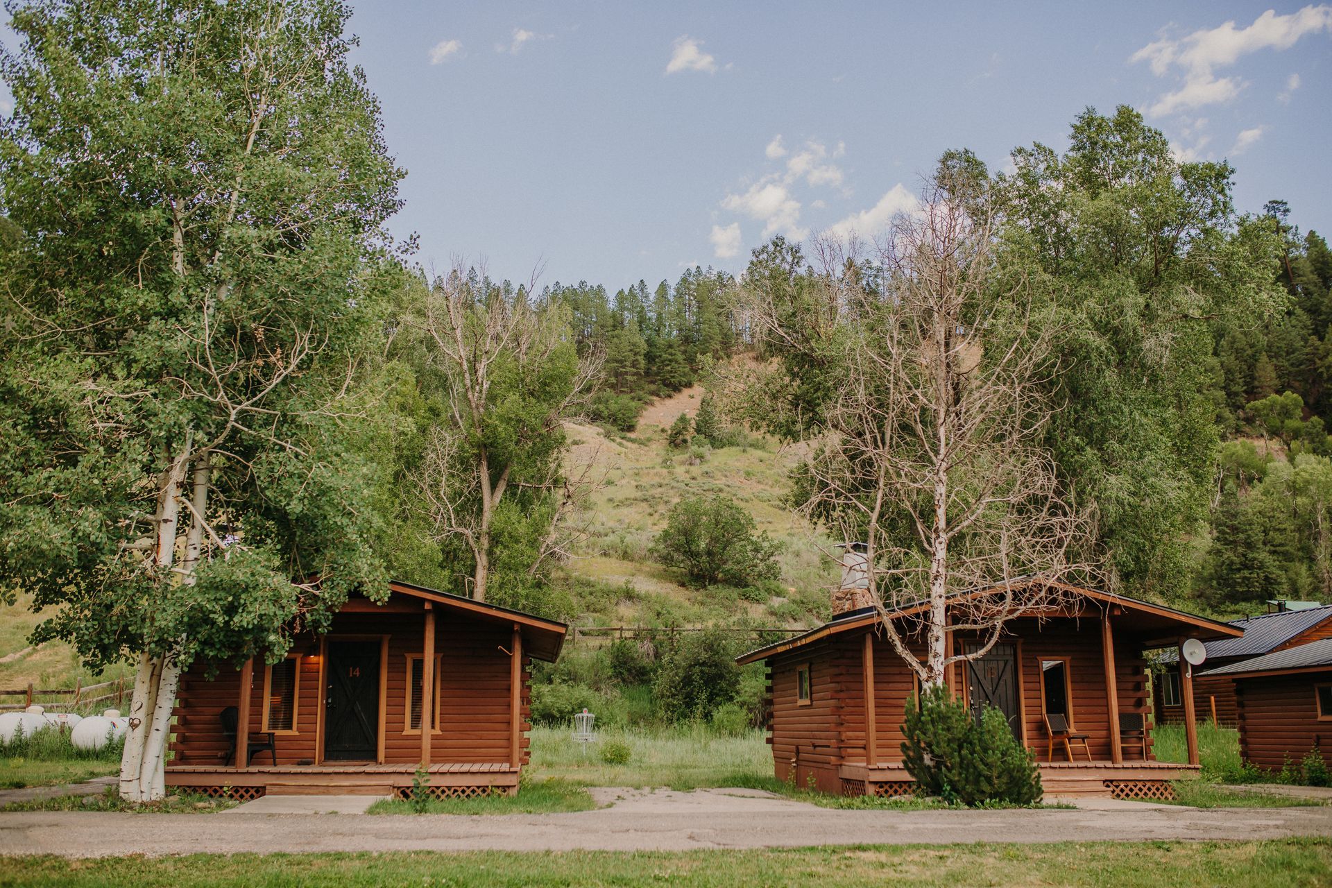 Wooden cabins nestled near trees, hillside, and a blue sky.