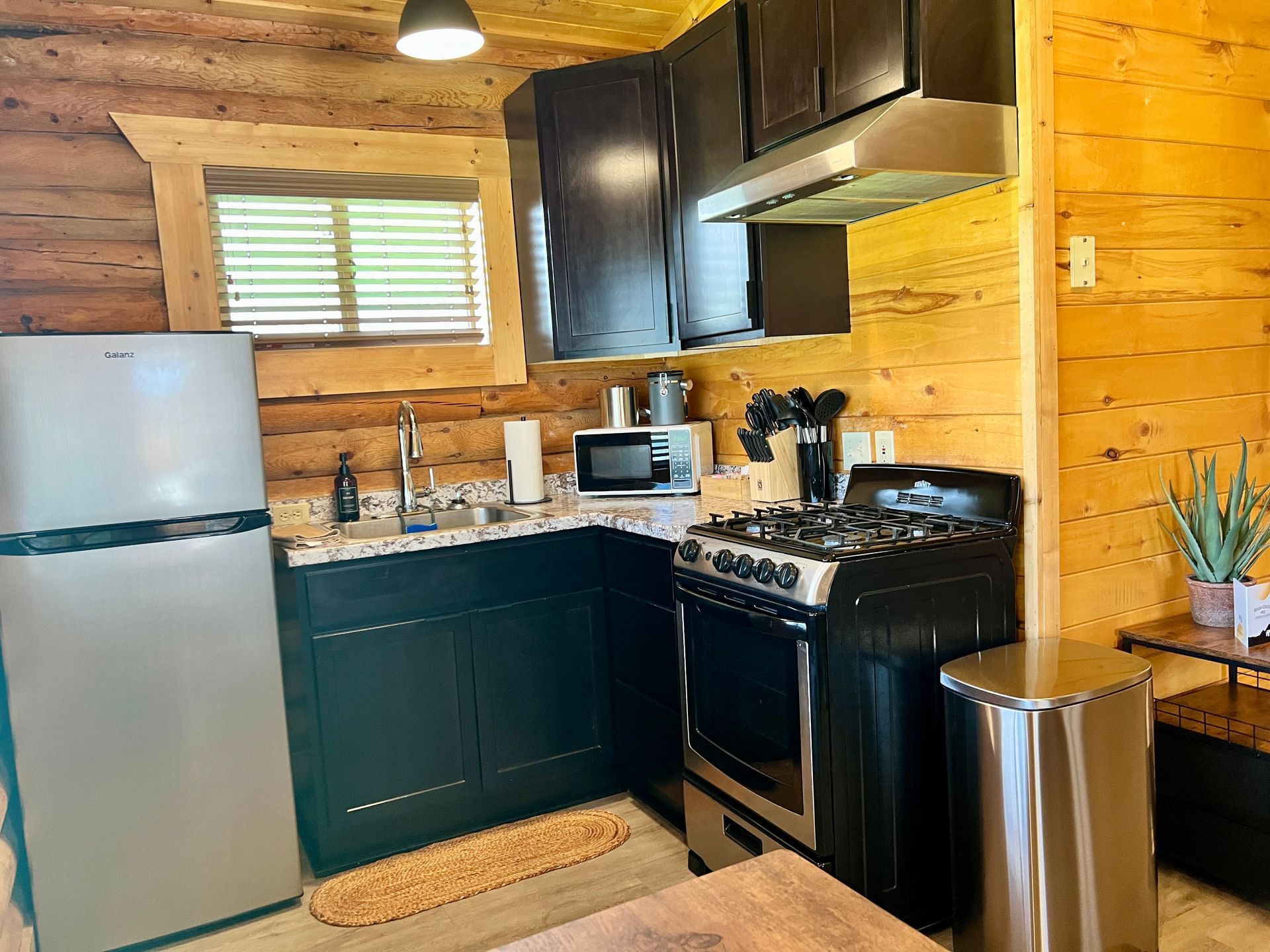 Small cabin kitchen with dark green cabinets, stainless steel appliances, and wood paneling.