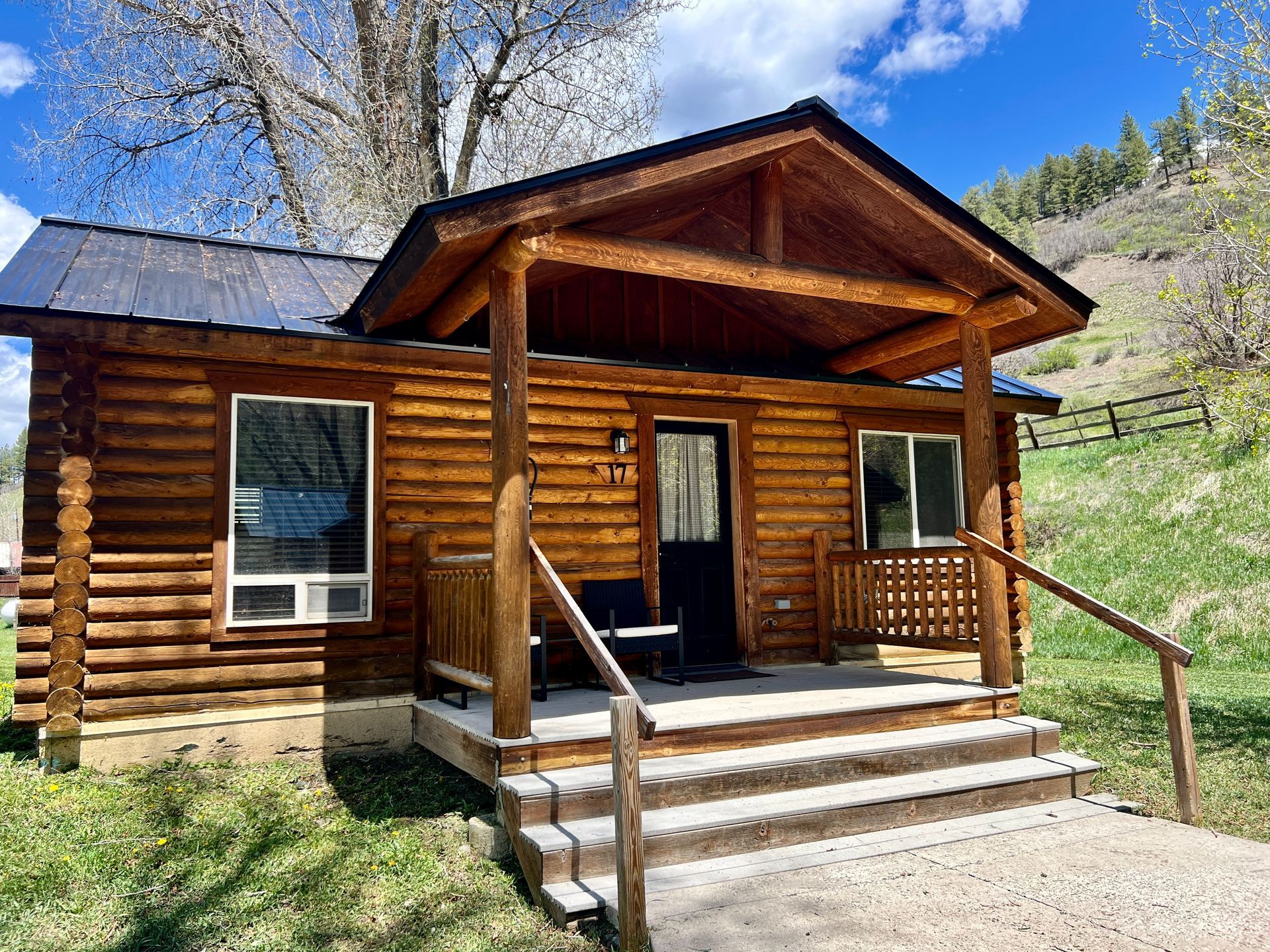 Log cabin with porch, windows, and steps. Brown wood, black roof, green grass setting.