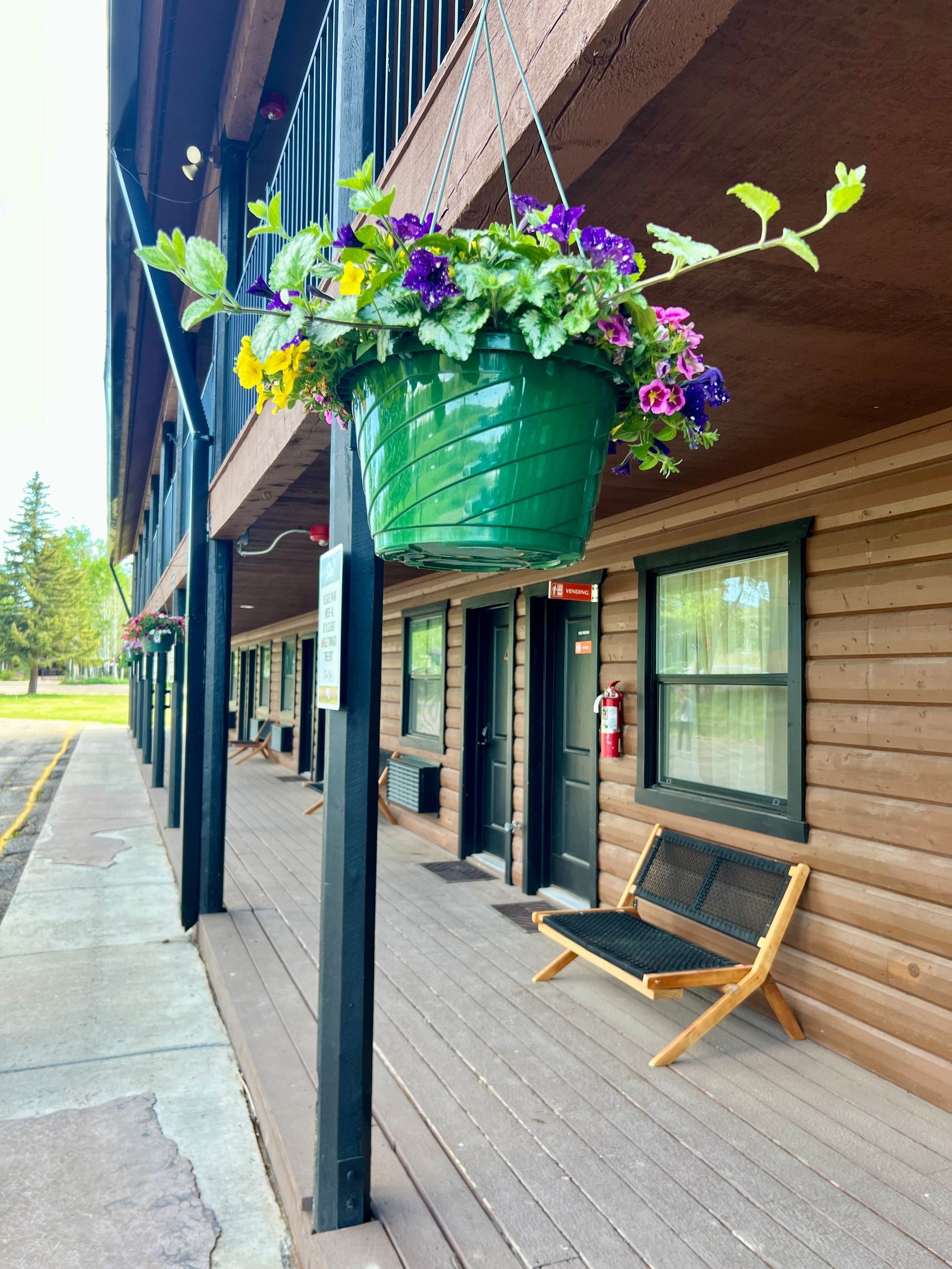 A motel exterior with a hanging flower basket, wooden facade, and a bench.