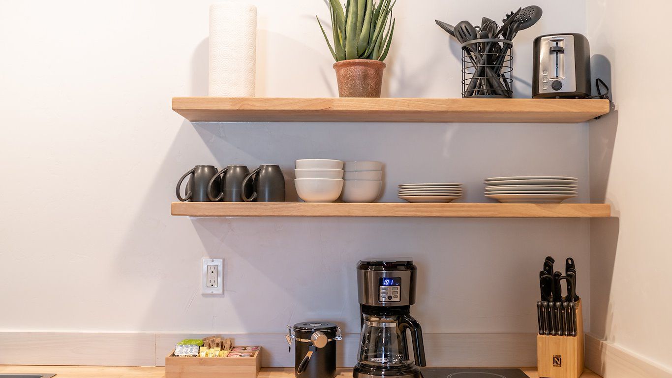 Kitchen shelves with mugs, dishes, and appliances: coffee maker, toaster.