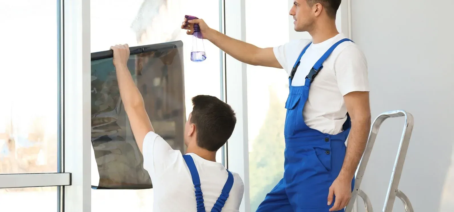 Two people applying window film to a large window. One holds the film, the other sprays.