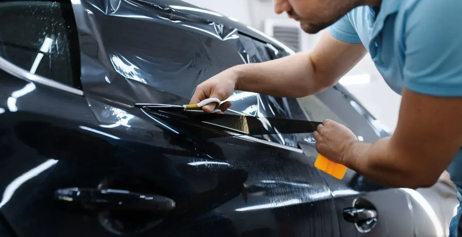 Person applying window tint to a black car. Using tools, they carefully smooth the film onto the glass.