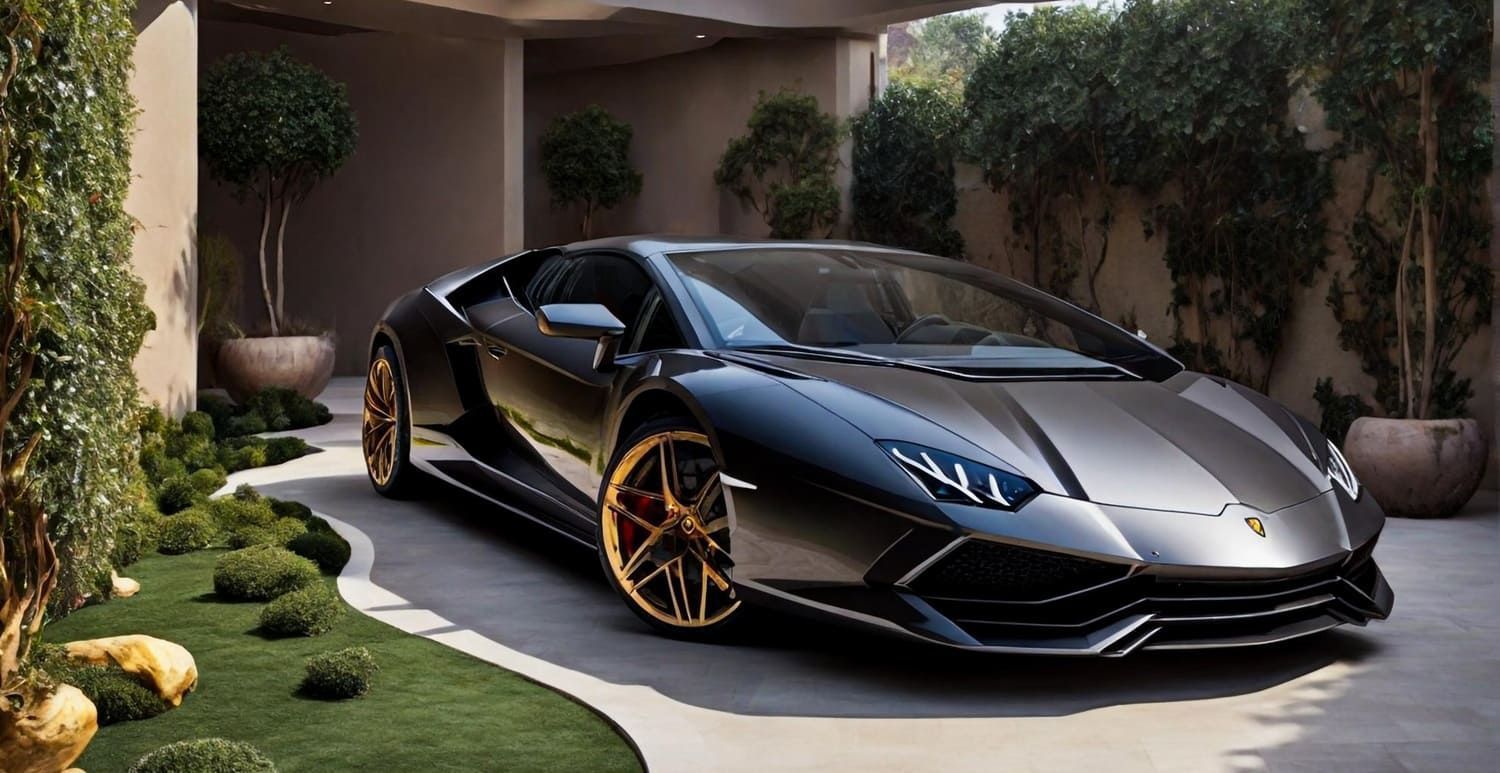 Black Lamborghini with gold wheels parked in a luxurious driveway surrounded by greenery.