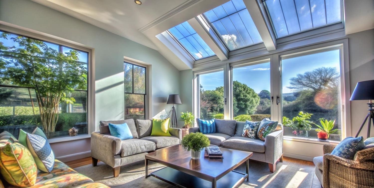 Sunroom with large windows and glass roof; sofas, coffee table, and plants.