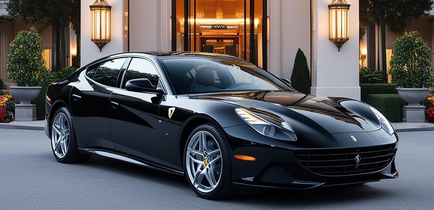 Black Ferrari parked in front of a building with ornate details and elegant lighting.