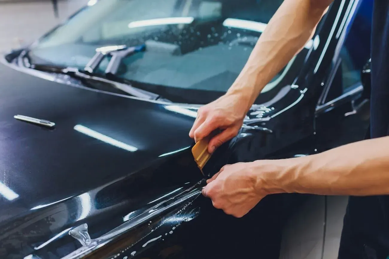 Person applying protective film to a black car's body.