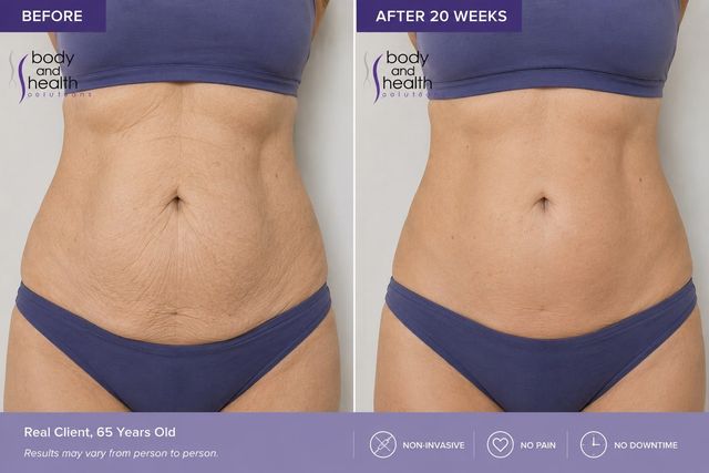 Before and after abdomen results for a 65-year-old client after 20 weeks