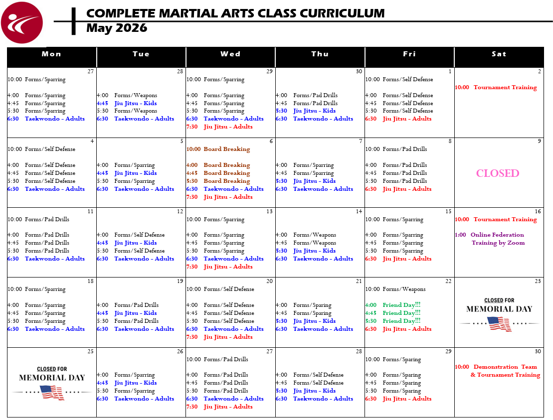 A complete martial arts class curriculum for may 2013