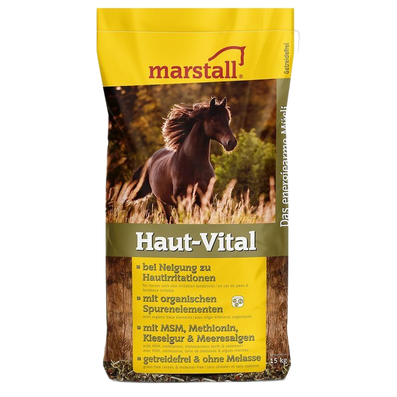 Sacchetto di mangime per cavalli Marstall Haut-Vital, raffigurante un cavallo marrone in un campo. Confezione gialla e marrone.