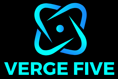 Logo for Verge Five, a turquoise, interconnected, abstract shape over the text 