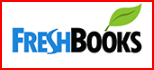 The logo for freshbooks is blue and black with a green leaf.