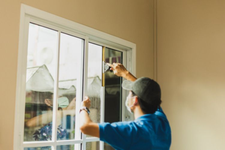 A man wearing a mask is cleaning a window.