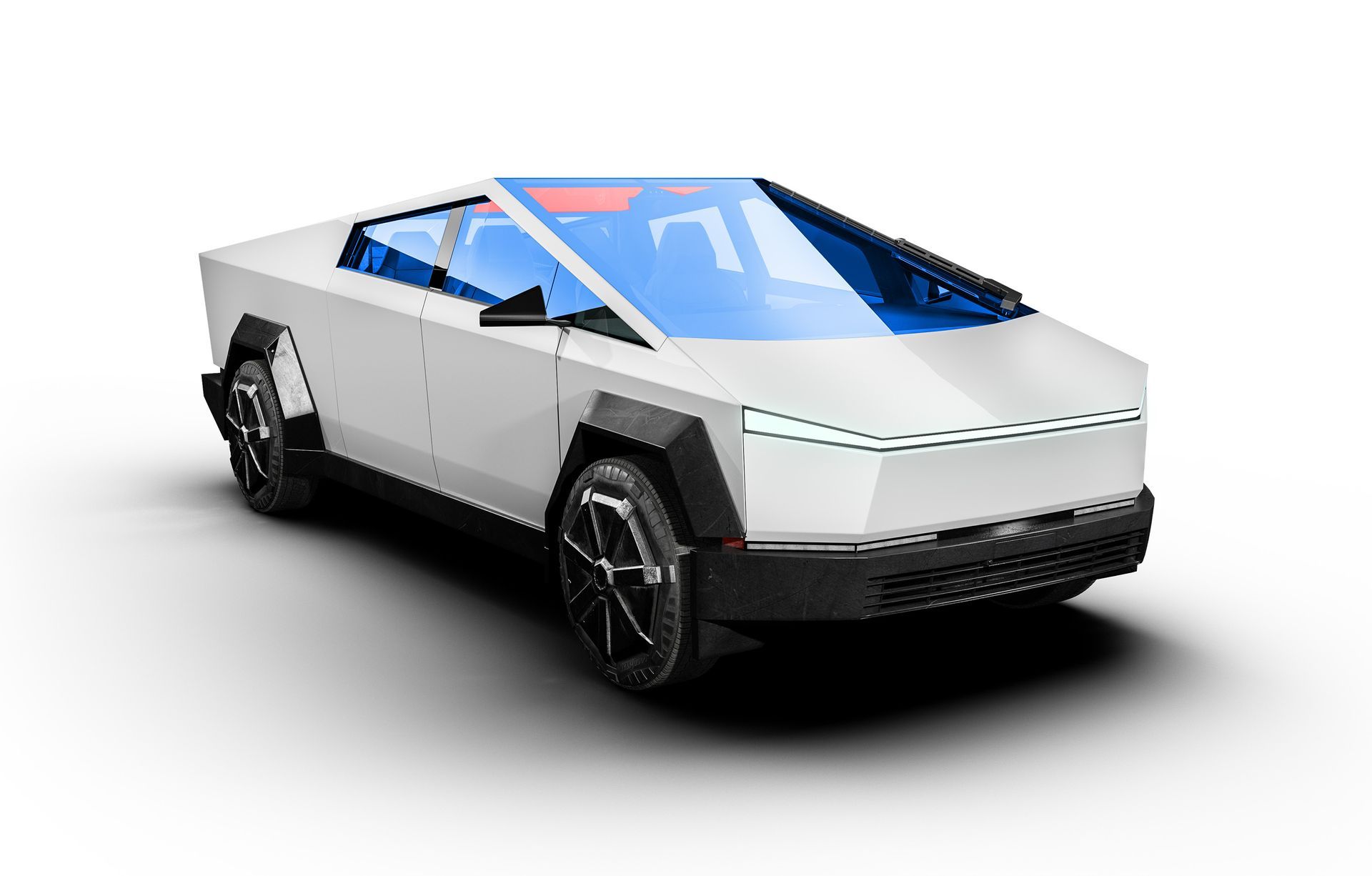 A white tesla model s with a blue windshield on a white background.