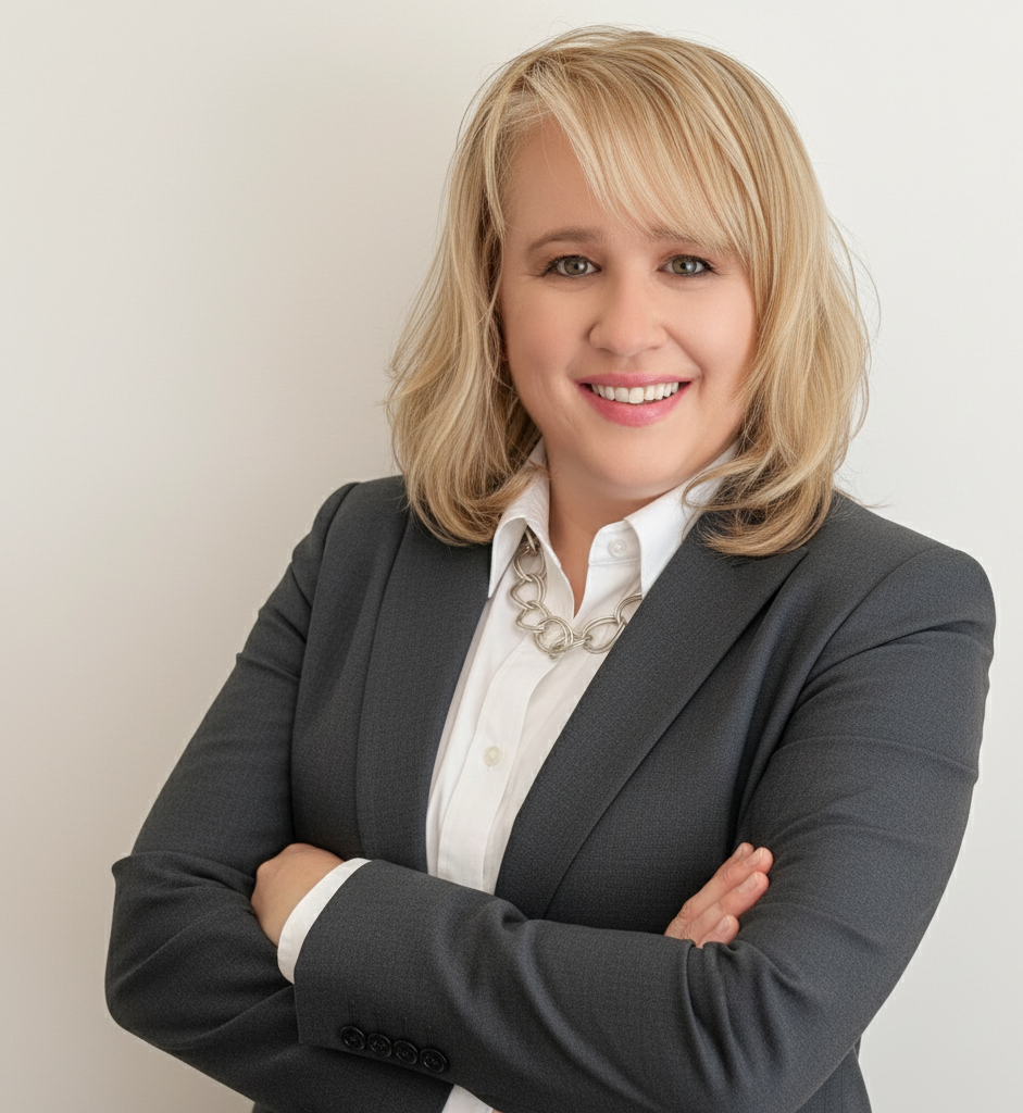 Woman in gray blazer, arms crossed, smiling.