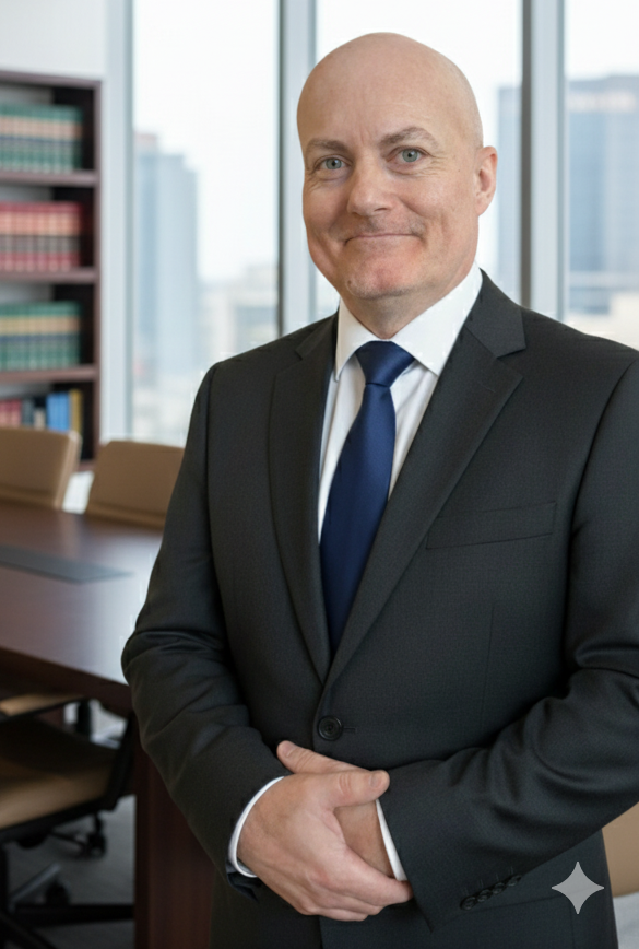 Man in a suit smiles, arms crossed, in a modern office with a boardroom table and city view.