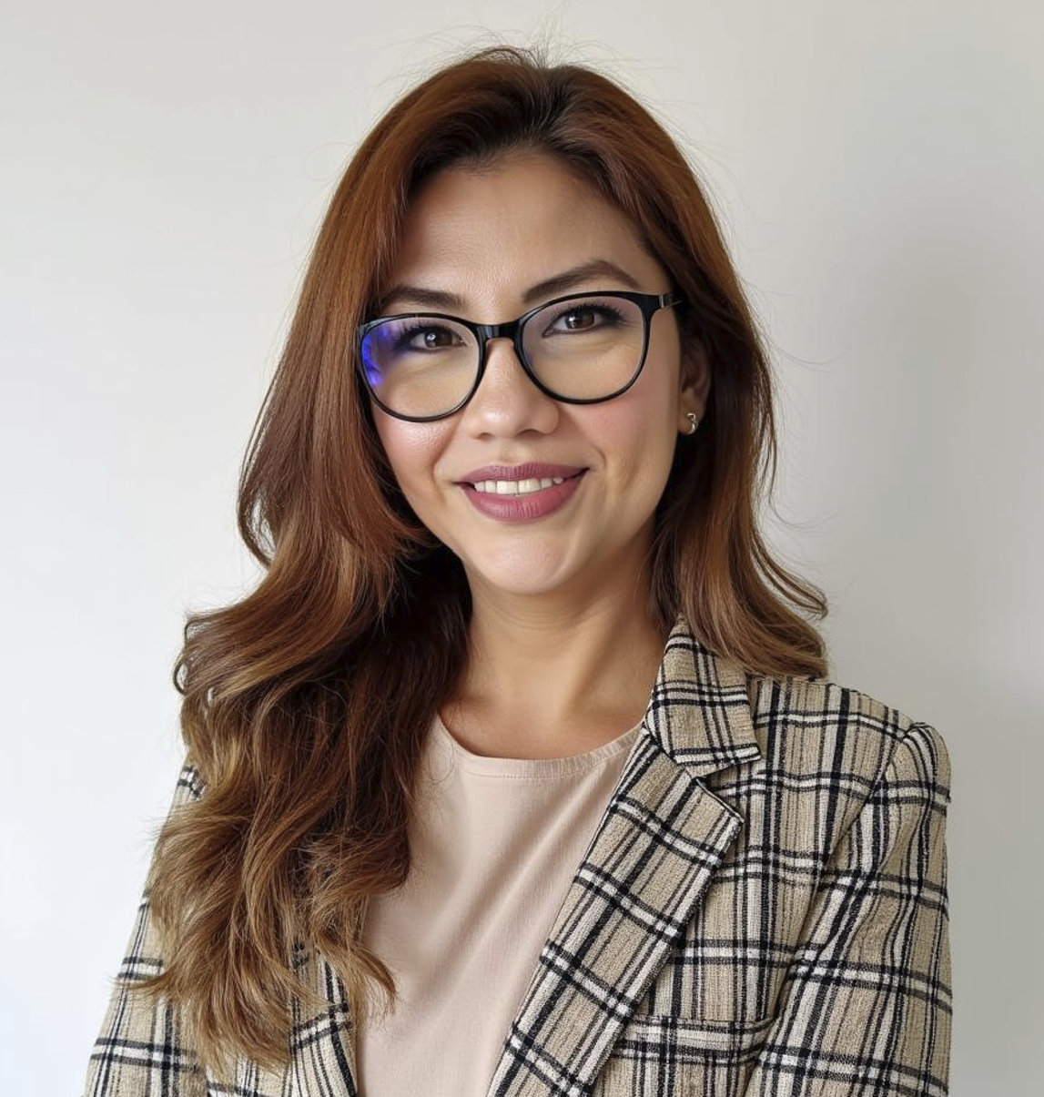 Woman in glasses smiles, wearing plaid blazer and tan top, against a white background.