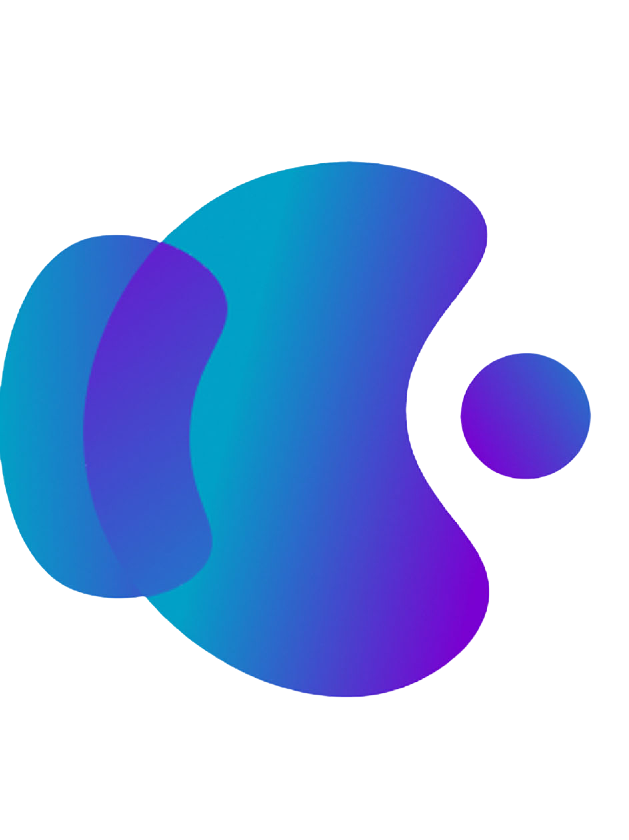 Abstract logo: overlapping blue and purple shapes with a small sphere, all on a white background.