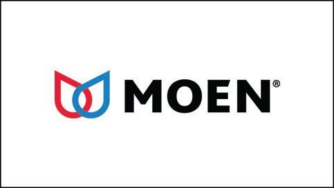 The moen logo is red and blue on a white background.