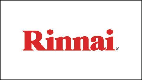 The logo for rinnai is red on a white background.