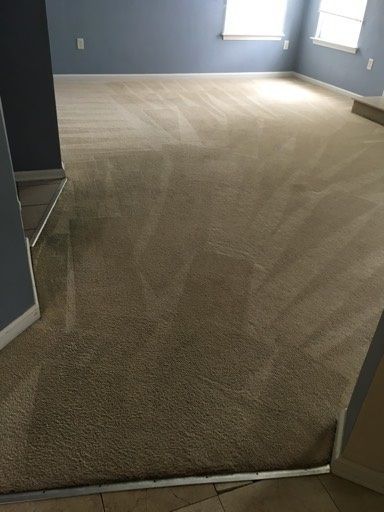 A living room with a large carpeted floor and blue walls.