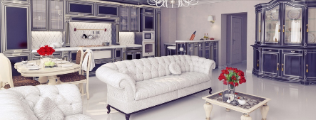 A living room with a couch , table , chairs and a chandelier.