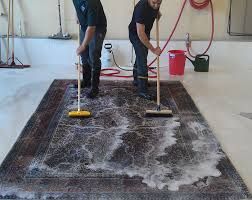 Two men are cleaning a rug with mop and broom.
