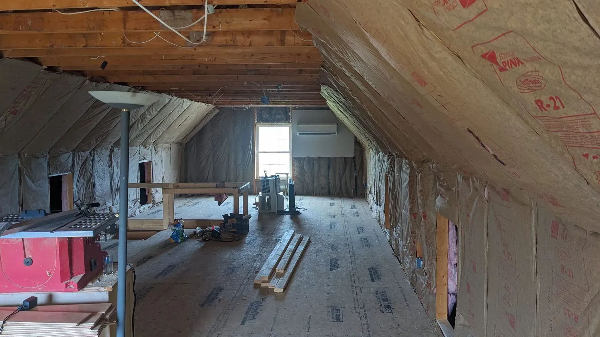 The attic of a house is being remodeled.