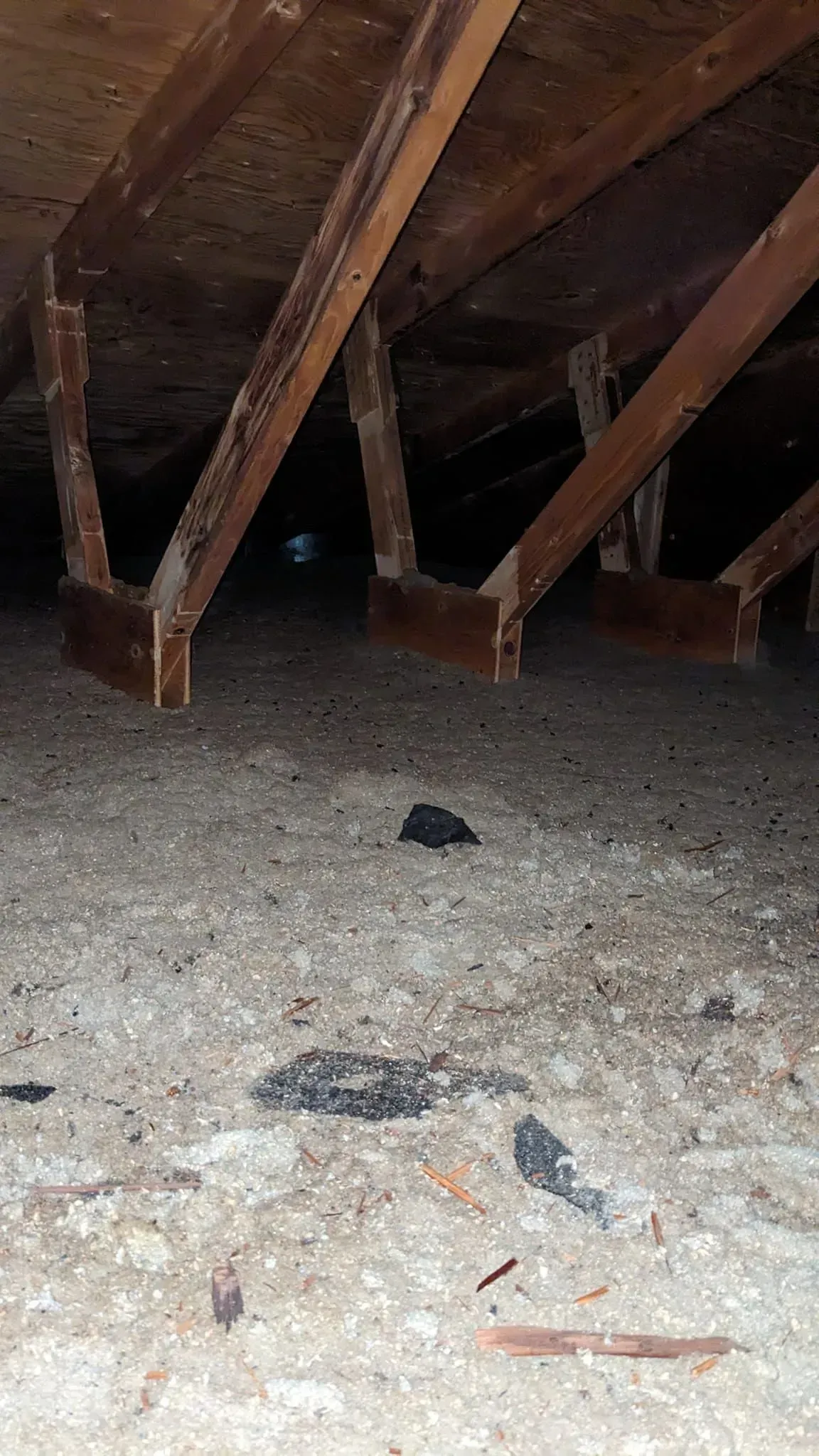 A very dirty attic with a lot of dust on the floor.