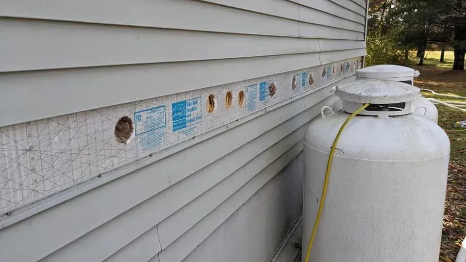 Two propane tanks are attached to the side of a house.