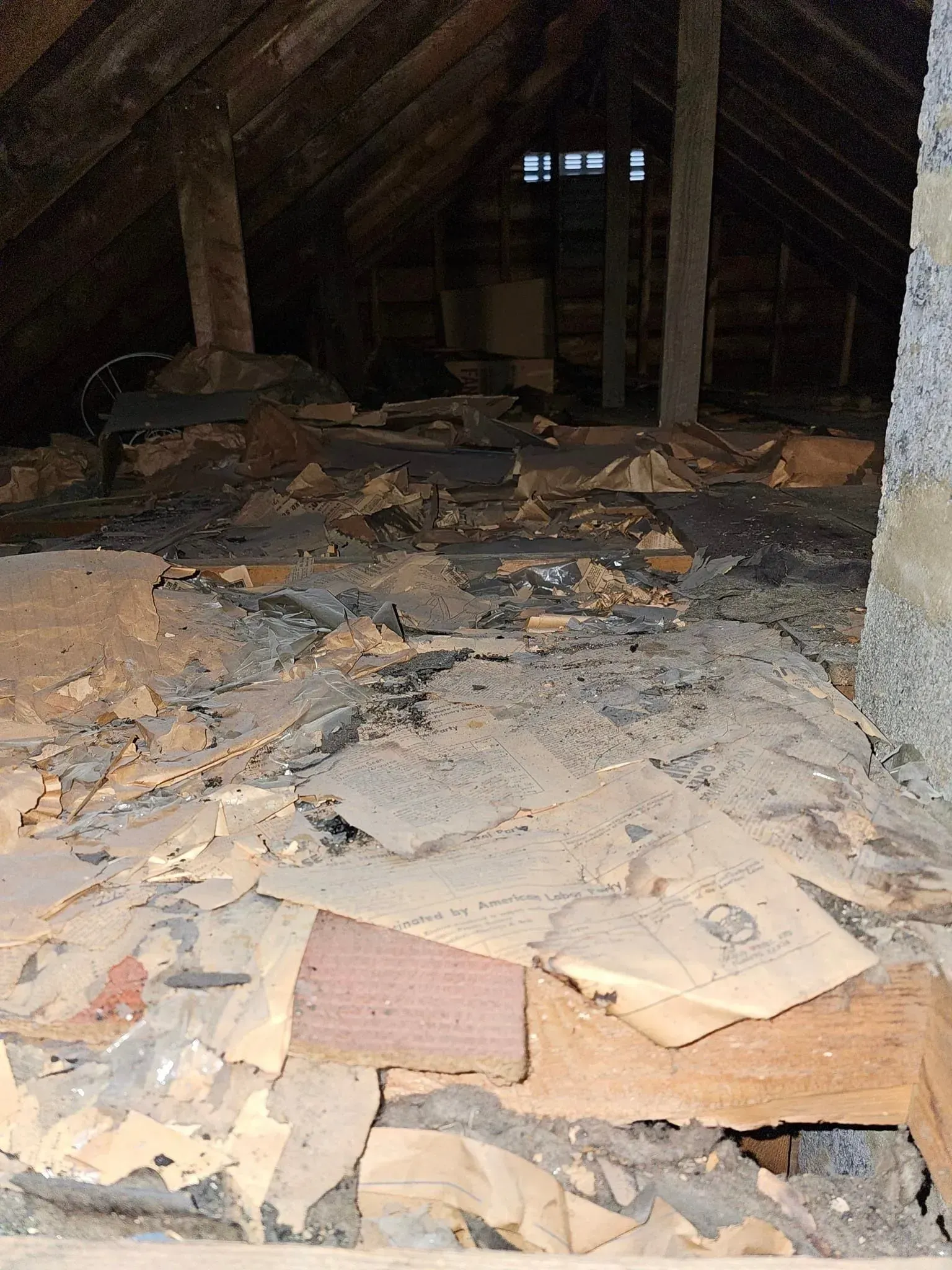 An attic with a lot of junk on the floor