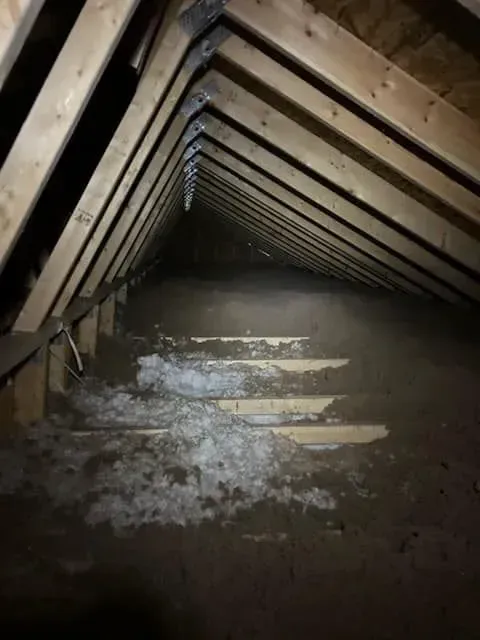 A dark attic with a lot of wooden beams.