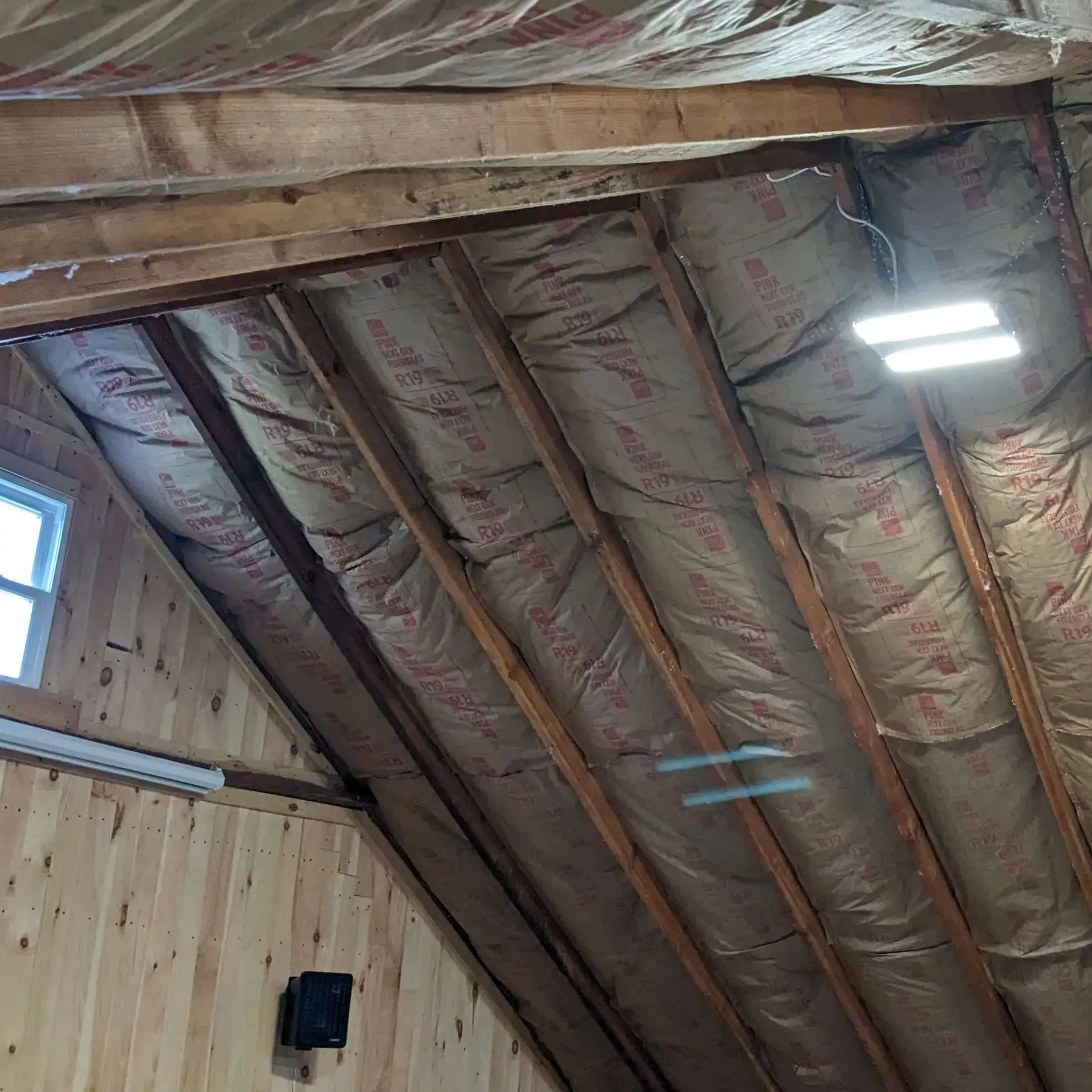 A ceiling with insulation and a light hanging from it.