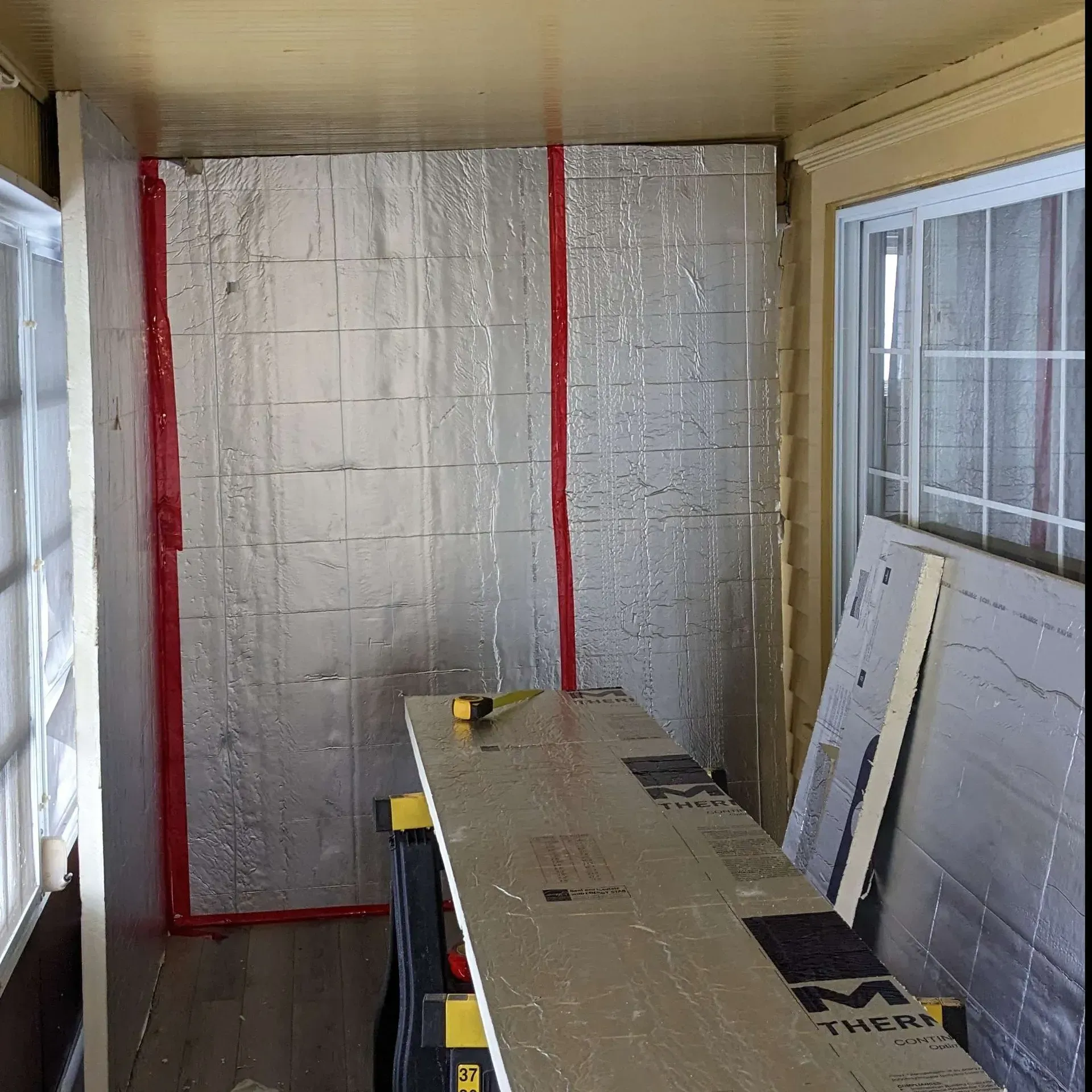 A room with a table and a box that says mtrex on it