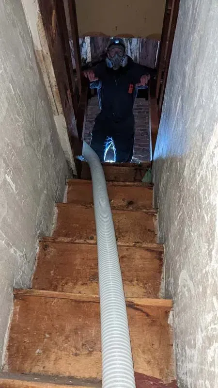 A man is standing on a set of stairs with a vacuum hose attached to him.