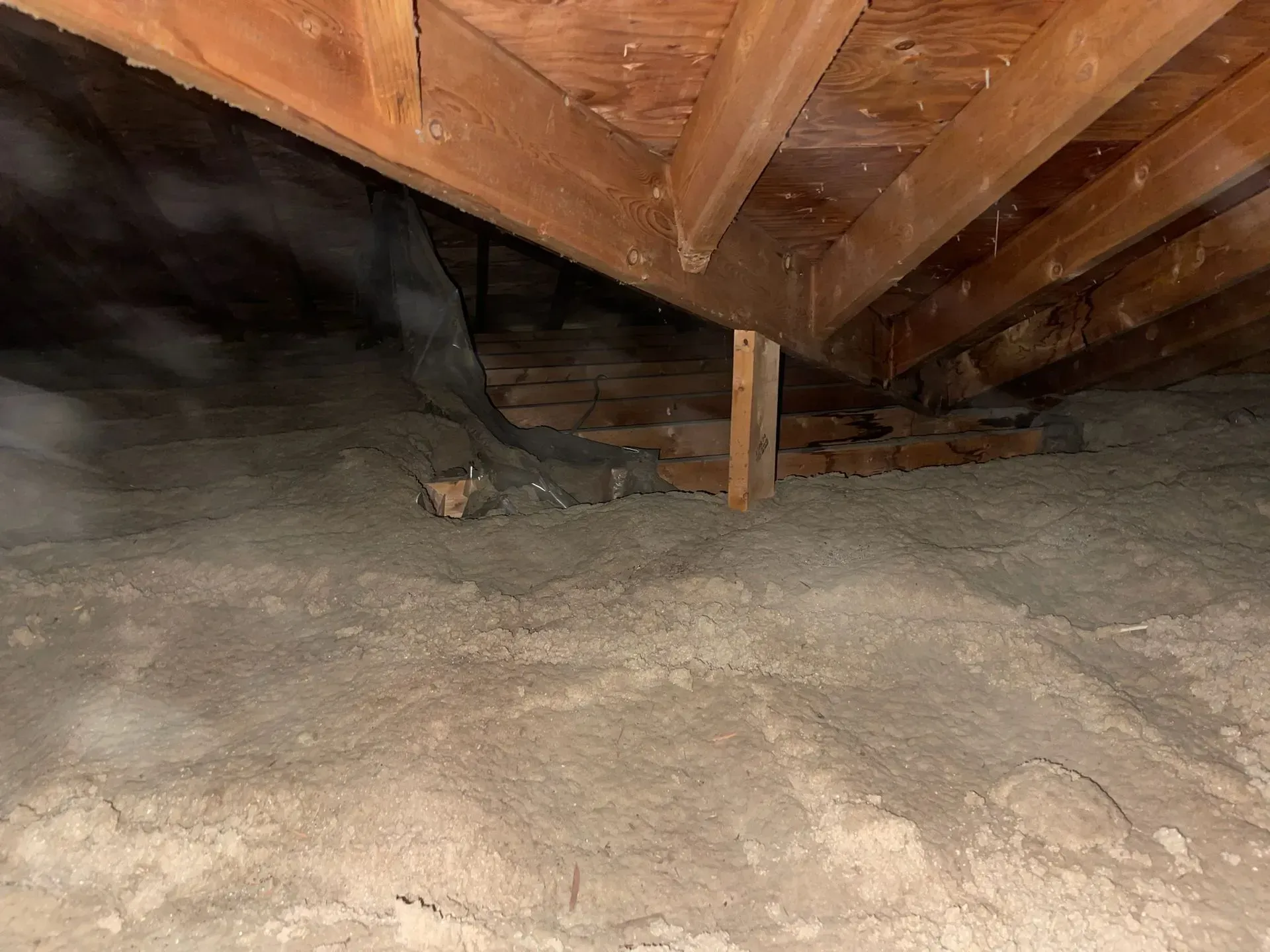There is a lot of dust in the attic of a house.