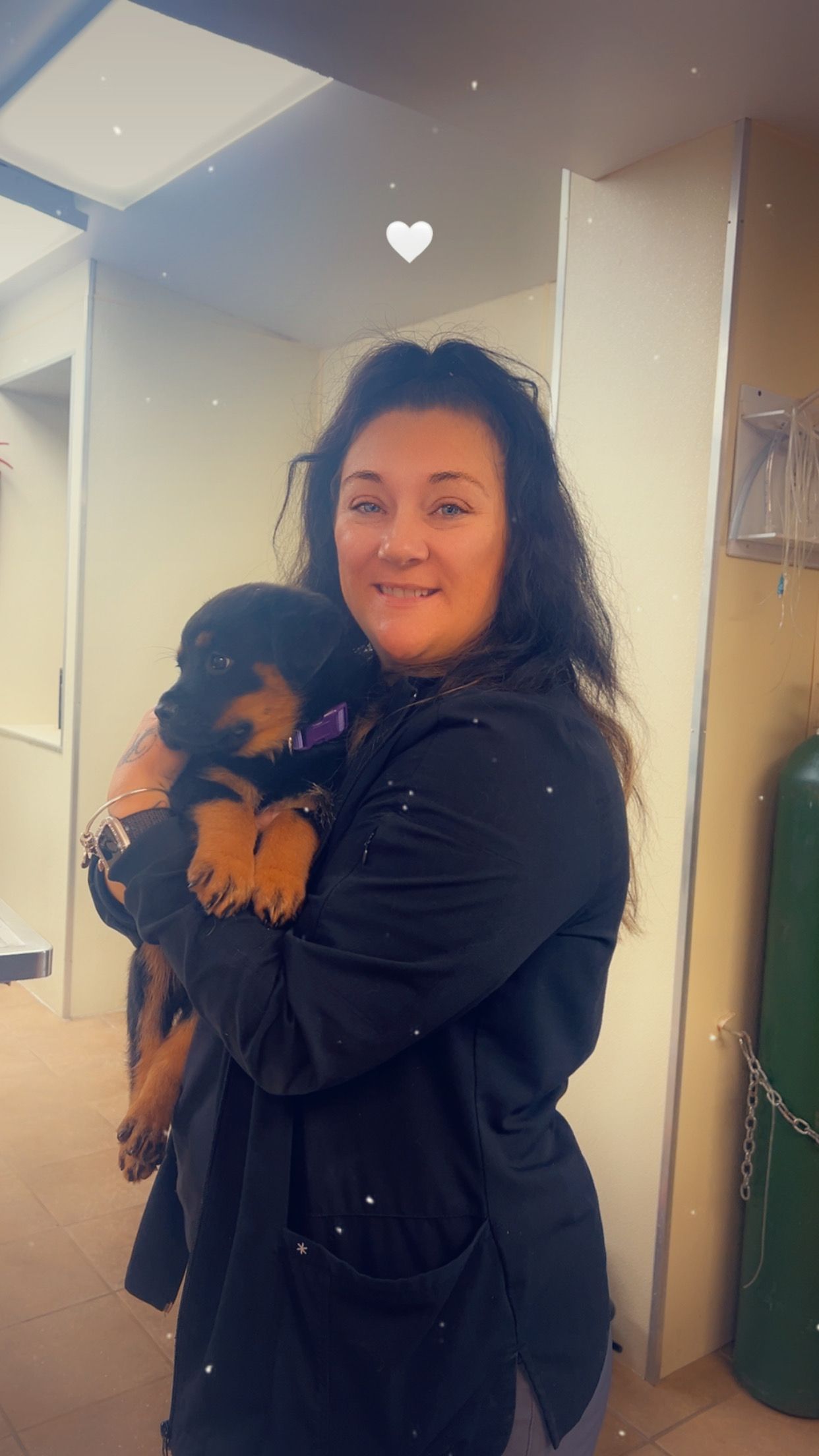Woman holding a Rottweiler puppy in an indoor setting; woman smiles, puppy has brown and black fur.