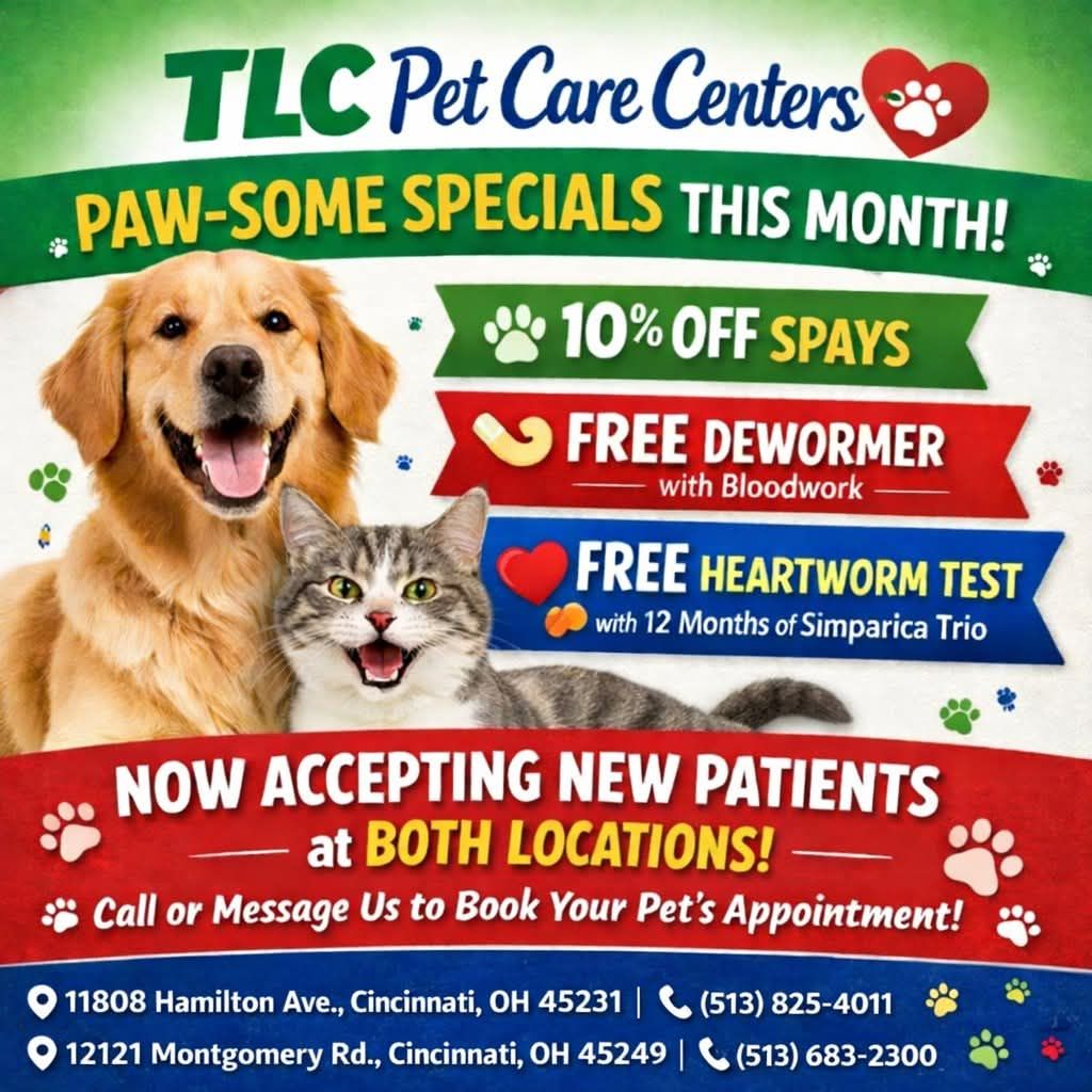 TLC Pet Care Centers promo with dog and cat, offering spay, dewormer, and heartworm specials, accepting new patients