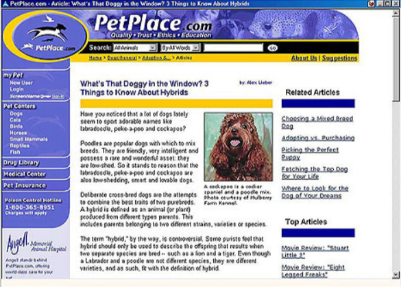 PetPlace.com webpage: Article about hybrid dogs, with a photo of a brown hybrid dog.