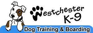 Logo for Westchester K-9 Dog Training & Boarding: dog illustration, paw print, blue banner.