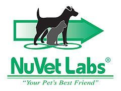 Logo for NuVet Labs. Black dog and gray cat with a green arrow, the text 