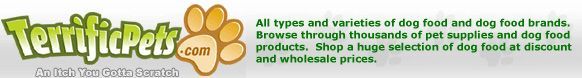 Logo for TerrificPets.com featuring a green logo with a paw print, and text about dog food and pet supplies.