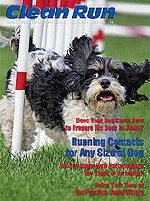 Dog agility magazine cover featuring a black and white dog running through poles.