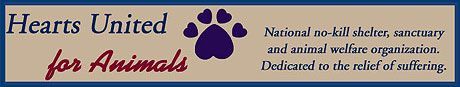 Hearts United for Animals logo with paw print and text describing the organization's mission.