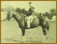 Person on horseback, outdoors. Man in dark robe, seated; horse in field. Sepia tone.