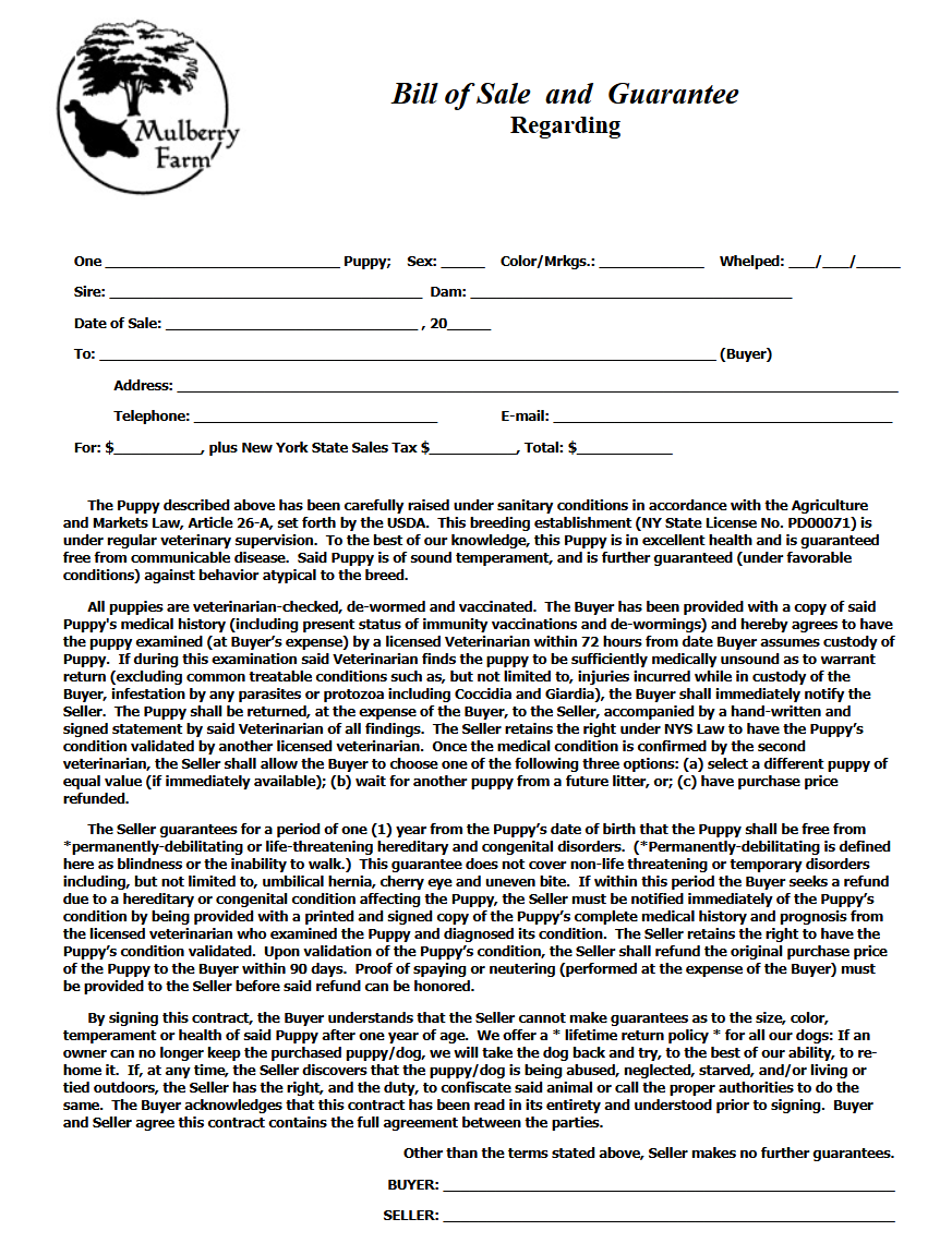 Bill of Sale and Guarantee form from Mulberry Farm.