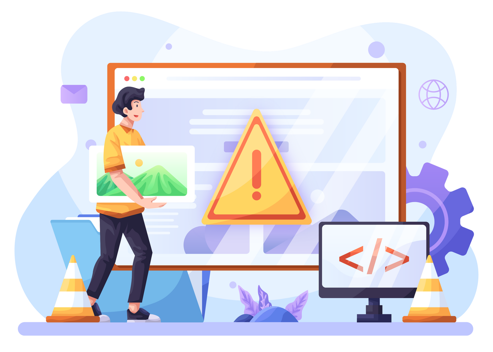 Man fixing website error with image and warning icon.