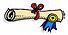 Rolled-up scroll tied with a red ribbon and blue seal.