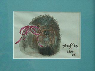 Watercolor painting of a fluffy, brown dog named Puffin wearing a pink bow, painted in 1999.