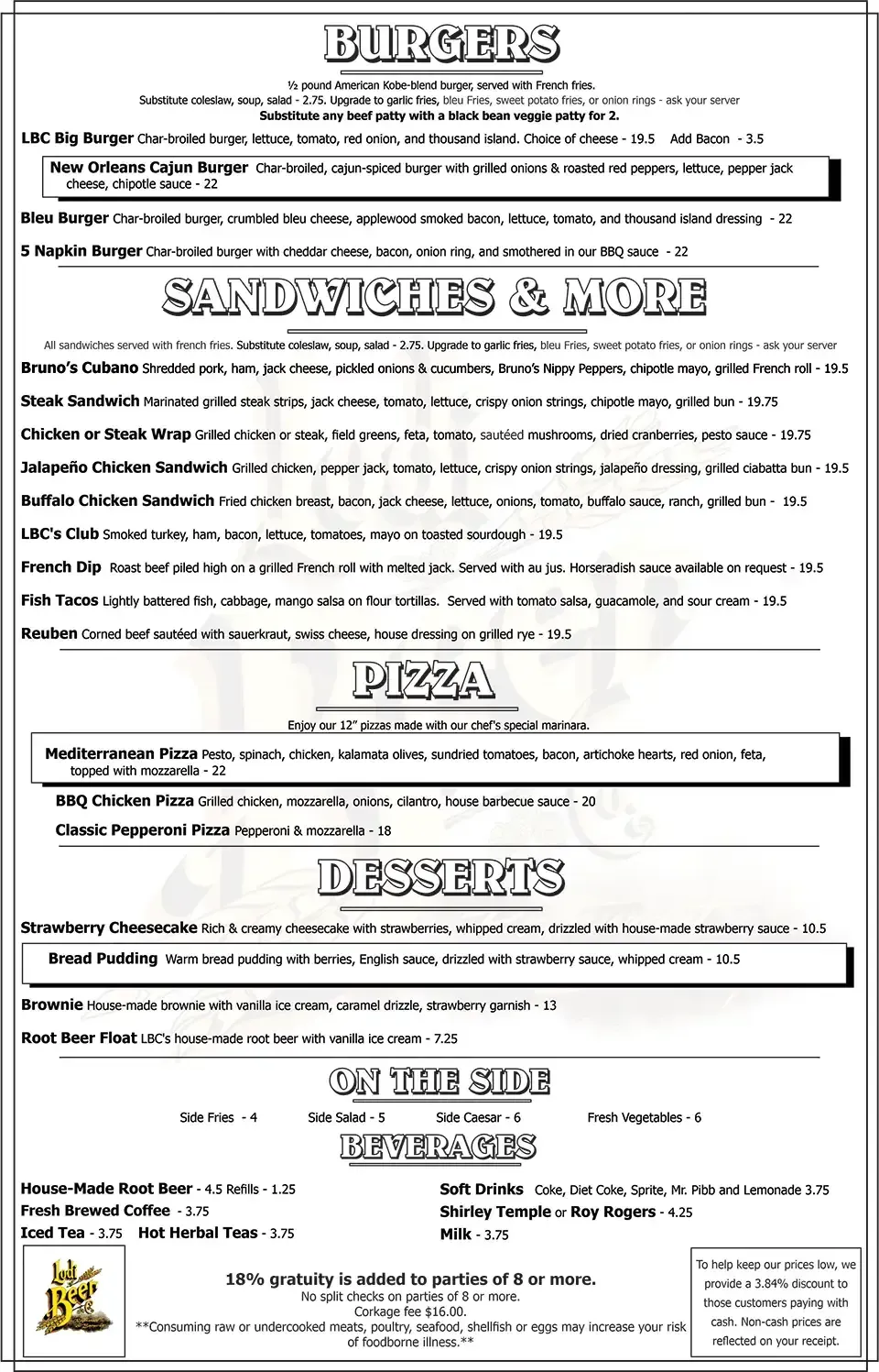 Menu listing burgers, sandwiches, pizza, and desserts with prices.